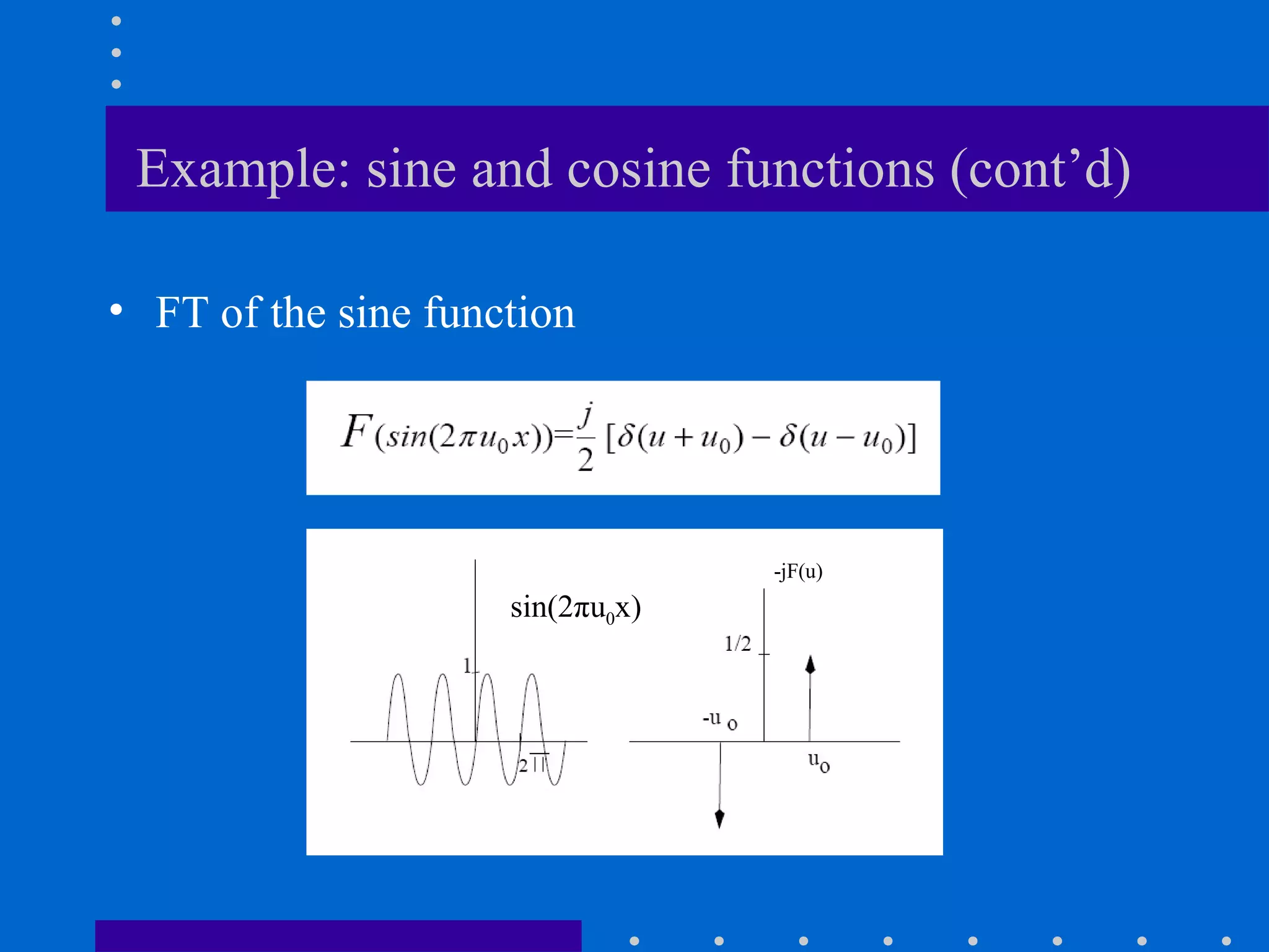 Example: sine and cosine functions (cont’d)

• FT of the sine function




                                  -jF(u)
                     sin(2πu0x)
 