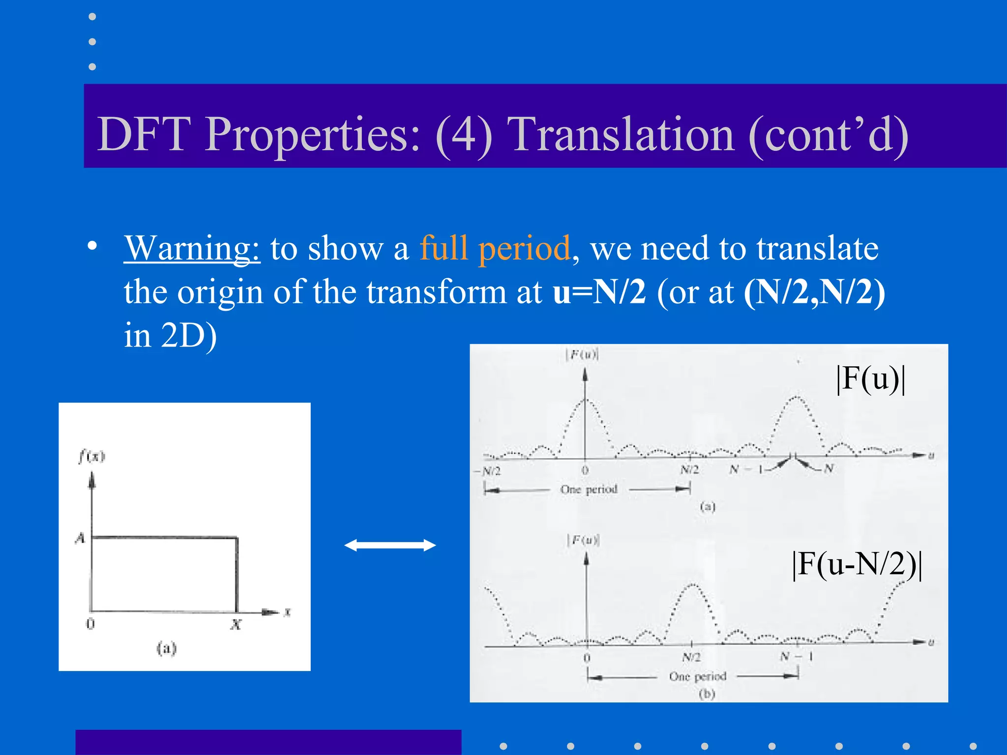 DFT Properties: (4) Translation (cont’d)

• Warning: to show a full period, we need to translate
  the origin of the transform at u=N/2 (or at (N/2,N/2)
  in 2D)
                                                   |F(u)|




                                                |F(u-N/2)|
 