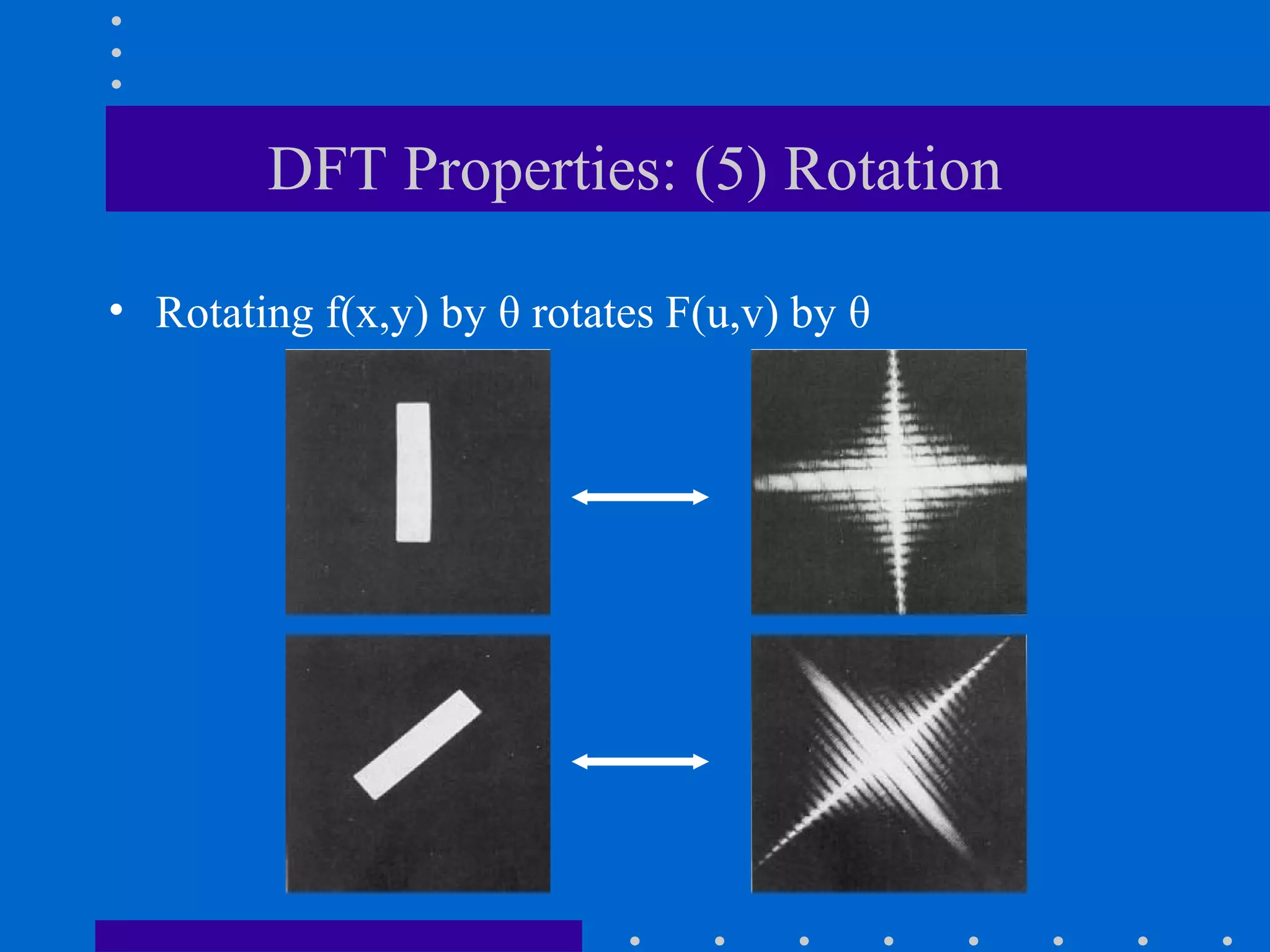 DFT Properties: (5) Rotation

• Rotating f(x,y) by θ rotates F(u,v) by θ
 