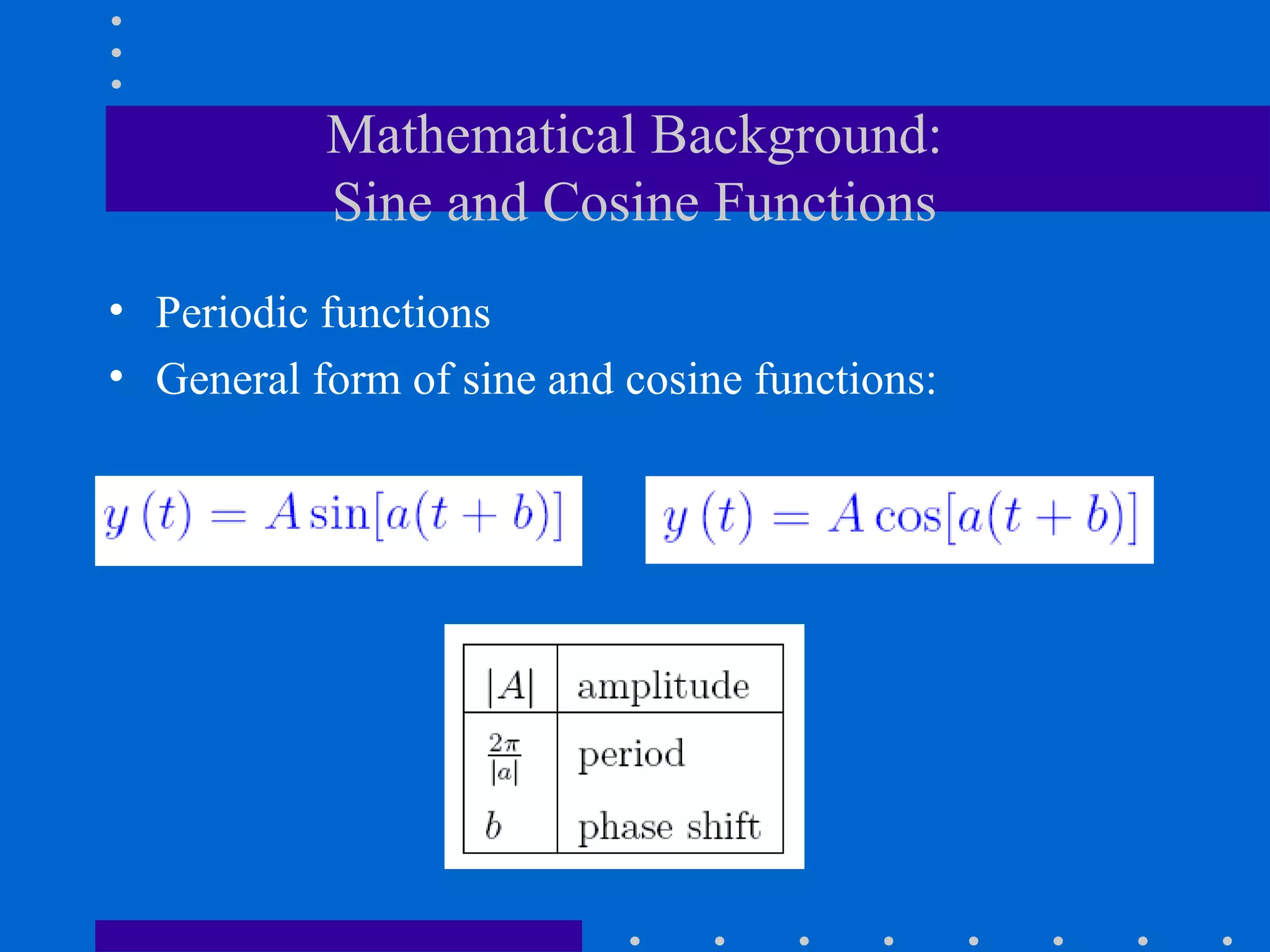Mathematical Background:
           Sine and Cosine Functions
• Periodic functions
• General form of sine and cosine functions:
 