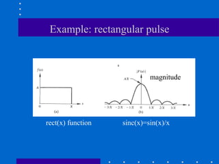 Example: rectangular pulse



                            magnitude




rect(x) function   sinc(x)=sin(x)/x
 