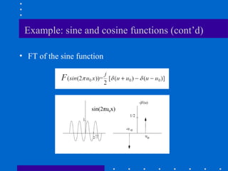 Example: sine and cosine functions (cont’d)

• FT of the sine function




                                  -jF(u)
                     sin(2πu0x)
 
