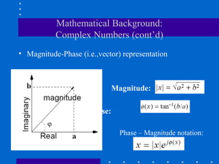 Mathematical Background:
            Complex Numbers (cont’d)
• Magnitude-Phase (i.e.,vector) representation



                              Magnitude:

                     Phase:
        φ
                                Phase – Magnitude notation:
 