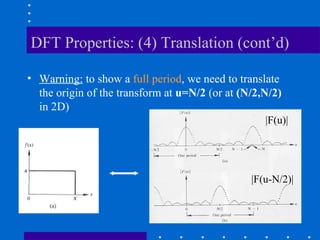 DFT Properties: (4) Translation (cont’d)

• Warning: to show a full period, we need to translate
  the origin of the transform at u=N/2 (or at (N/2,N/2)
  in 2D)
                                                   |F(u)|




                                                |F(u-N/2)|
 