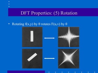 DFT Properties: (5) Rotation

• Rotating f(x,y) by θ rotates F(u,v) by θ
 