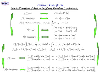 Fourier Transform
SOLO
( ) realtf ( ) ( )ωω *
FF =−
( ) imaginarytf ( ) ( )ωω *
FF −=−
( ) realtf
( ) ( )
( ) ( )





−−=
−=
ωω
ωω
FF
FF
ImIm
ReRe
( ) imaginarytf
( ) ( )
( ) ( ) 





−=
−−=
ωω
ωω
FF
FF
ImIm
ReRe
( ) ( ) ( ) ( ){ } ( ) ( )∫
+∞
∞−
−==+= dttjtftfFjFF ωωωω exp:ImRe F
( ){ } ( ) ( ) ( ) ( ) ( )ωωω −==−−=− ∫∫
+∞
∞−
+∞
∞−
Fdttjtfdttjtftf expexpF
( ) ( ) ( )[ ] ( )tftftftf eveneven −=−+= 5.0: ( ) ( ) ( )[ ] ( )tftftftf oddodd −−=−−= 5.0:
( ) realtf
( ) ( ) ( )[ ] ( ){ } ( ) ( )[ ] ( )
( ) ( ) ( )[ ] ( ){ } ( ) ( )[ ] ( )





=−−=⇔−−=
=−+=⇔−+=
ωωω
ωωω
FjFFtftftftf
FFFtftftftf
evenodd
eveneven
Im5.05.0:
Re5.05.0:
F
F
( ) ( ) ( )[ ] ( ){ } ( ) ( )[ ] ( )
( ) ( ) ( )[ ] ( ){ } ( ) ( )[ ] ( )





=−−=⇔−−=
=−+=⇔−+=
ωωω
ωωω
FFFtftftftf
FjFFtftftftf
evenodd
eveneven
Re5.05.0:
Im5.05.0:
F
F
( ) imaginarytf
Fourier Transform of Real or Imaginary Functions (continue – 1)
 