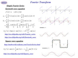 Fourier Transform
( ) ππ ≤≤−= xxxf
SOLO
Simple Fourier Series
( ) ( ) ( ) 0cos
1
cos
1
=== ∫∫
+
−
+
−
π
π
π
π ππ
dxxnxdxxnxfan
( ) ( ) ( )
( ) ( ) ( )
nn
xn
n
xnx
dxxnxdxxnxfb
n
n
1
0
2
0
1
2
sincos2
sin
1
sin
1
+
+
−
+
−
−
=














+





−=
== ∫∫
ππ
π
π
π
π
π
ππ
http://en.wikipedia.org/wiki/Fourier_series
Square wave equation
( ) ( ) ( ) ( )( )xN
N
xxxfSN 1sin
1
1
3sin
3
1
sin −
−
+++= 
Sawtooth wave equation
http://en.wikipedia.org/wiki/Sawtooth_wave
http://en.wikipedia.org/wiki/Square_wave
( ) ( ) ( ) ( ) ( )xn
n
xxxfS
n
N
sin
1
22sinsin2
1+
−
++−= 
http://mathworld.wolfram.com/FourierSeries.html
 