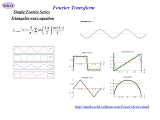 Fourier Transform
( ) ( )
∑
∞
=






=
1
22
sin
2
sin
8
k
Triangle
k
xkk
xf
π
π
SOLO
Simple Fourier Series
Triangular wave equation
http://mathworld.wolfram.com/FourierSeries.html
 
