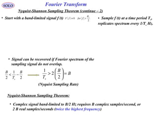 Fourier Transform
2
1
2
B
T
B
s
−<
SOLO
Nyquist-Shannon Sampling Theorem (continue – 2)
• Signal can be recovered if Fourier spectrum of the
sampling signal do not overlap.
B
B
Ts
=





>
2
2
1
(Nyquist Sampling Rate)
• Complex signal band-limited to B/2 Hz requires B complex samples/second, or
2 B real samples/seconds (twice the highest frequency)
• Start with a band-limited signal f (t) ( )
2
0
fB
fforfF >≡ • Sample f (t) at a time period Ts,
replicates spectrum every 1/Ts Hz.
Nyquist-Shannon Sampling Theorem:
 