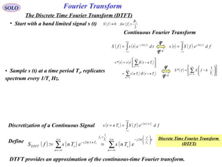 Fourier TransformSOLO
The Discrete Time Fourier Transform (DTFT)
• Start with a band limited signal s (t) ( )
2
0
fB
fforfS >≡
• Sample s (t) at a time period Ts, replicates
spectrum every 1/Ts Hz.
( ) 











−= ∑
∞+
−∞=k sT
kfSfS
1
*
( ) ( ) ( )
( ) ( )∑
∑
∞+
−∞=
+∞
−∞=
−=






−=
n
ss
n
s
TntTns
Tnttsts
δ
δ*
( ) ( )∫
+∞
∞−
−
= tdetsfS tfj π2
( ) ( )∫
+∞
∞−
= fdefSts tfj π2F
F-1
Continuous Fourier Transform
F
F-1
Discretization of a Continuous Signal ( ) ( )∫
+∞
∞−
== fdefSTnts sTnfj
s
π2
( ) ( ) ( )∑∑
∞+
−∞=






−
=
∞+
−∞=
−
==
n
n
f
f
j
s
T
f
n
Tnfj
sDTFT
s
s
s
s
eTnseTnsfS
π
π
2
1
2
:
DTFT provides an approximation of the continuous-time Fourier transform.
Discrete Time Fourier Transform
(DTFT)
Define
 