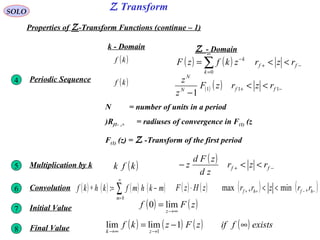 Z TransformSOLO
Properties of Z-Transform Functions (continue – 1)
4 Periodic Sequence ( )kf
( ) ( ) −+ <<
−
111
1
ffN
N
rzrzF
z
z
N = number of units in a period
Rf1- ,+ = radiuses of convergence in F(1) (z)
F(1) (z) = Z -Transform of the first period
5 Multiplication by k ( )kfk
( )
−+ <<− ff rzr
zd
zFd
z
6 Convolution ( ) ( ) ( ) ( )∑
∞
=
−=∗
0
:
m
mkhmfkhkf ( ) ( ) ( ) ( )−−++ <<⋅ hfhf rrzrrzHzF ,min,max
7 Initial Value ( ) ( )zFf
z ∞→
= lim0
8 Final Value ( ) ( ) ( ) ( ) existsfifzFzkf
zk
∞−=
→∞→
1limlim
1
Z - Domaink - Domain
( )kf ( ) ( ) −+
∞
=
−
<<= ∑ ff
k
k
rzrzkfzF
0
 