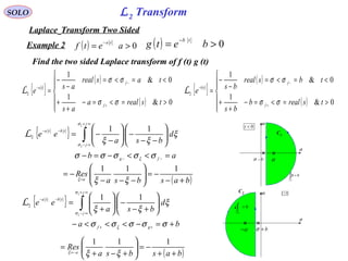 L2 Transform
( ) 0>=
−
aetf
ta
SOLO
Laplace Transform Two Sided
Example 2
{ }
ab
d
bsa
ee
fg
j
j
tbta
=<<−=−






−−
−





−
−=
−−
∞+
∞−
−−
∫
σσσσσ
ξ
ξξ
ξ
σ
σ
ξ
ξ
11
2L
{ }
( )
( )





>=<=−
+
+
<=<=
−
−
=
+
−
−
0&
1
0&
1
2
tsreala
as
tasreal
as
e
f
f
ta
σσ
σσ
L
( ) 0>=
−
betg
tb
Find the two sided Laplace transform of f (t) g (t)
{ }
( )
( )





>=<=−
+
+
<=<=
−
−
=
+
−
−
0&
1
0&
1
2
tsrealb
bs
tbsreal
bs
e
f
f
tb
σσ
σσ
L
{ }
ba
d
bsa
ee
gf
j
j
tbta
+=−<<<−






+−
−





+
=
++
∞+
∞−
−−
∫
σσσσσ
ξ
ξξ
ξ
σ
σ
ξ
ξ
11
2L
( )basbsa
Res
a
+−
−=





−−−
−=
=
111
ξξξ
( )basbsa
Res
a
++
−=





+−+
=
−=
111
ξξξ
C1
σ
ω
b−σ a
0<t
0
0
=∫<t
C2
σ
ω
b+σa−
0>t
0
0
=∫>t
 