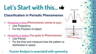 6
Let’s Start with this…
Classification in Periodic Phenomenon
Periodicity in time (Phenomenon comes to you)
• Use Frequency
• Fix the Position of object
Periodicity in space (You goes to Phenomenon)
• Use Period
• Fix the time and measure how the pattern is
distributed in space
Fourier Analysis is associated with symmetry
 