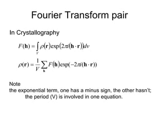 Fourier Transform pair
In Crystallography
   
 
 

V
dv
i
F r
h
r
h 
 2
exp
)
(
 
 


h
r
h
h
r ))
(
2
ex...
