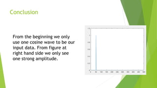 Conclusion
From the beginning we only
use one cosine wave to be our
input data. From figure at
right hand side we only see
one strong amplitude.
 