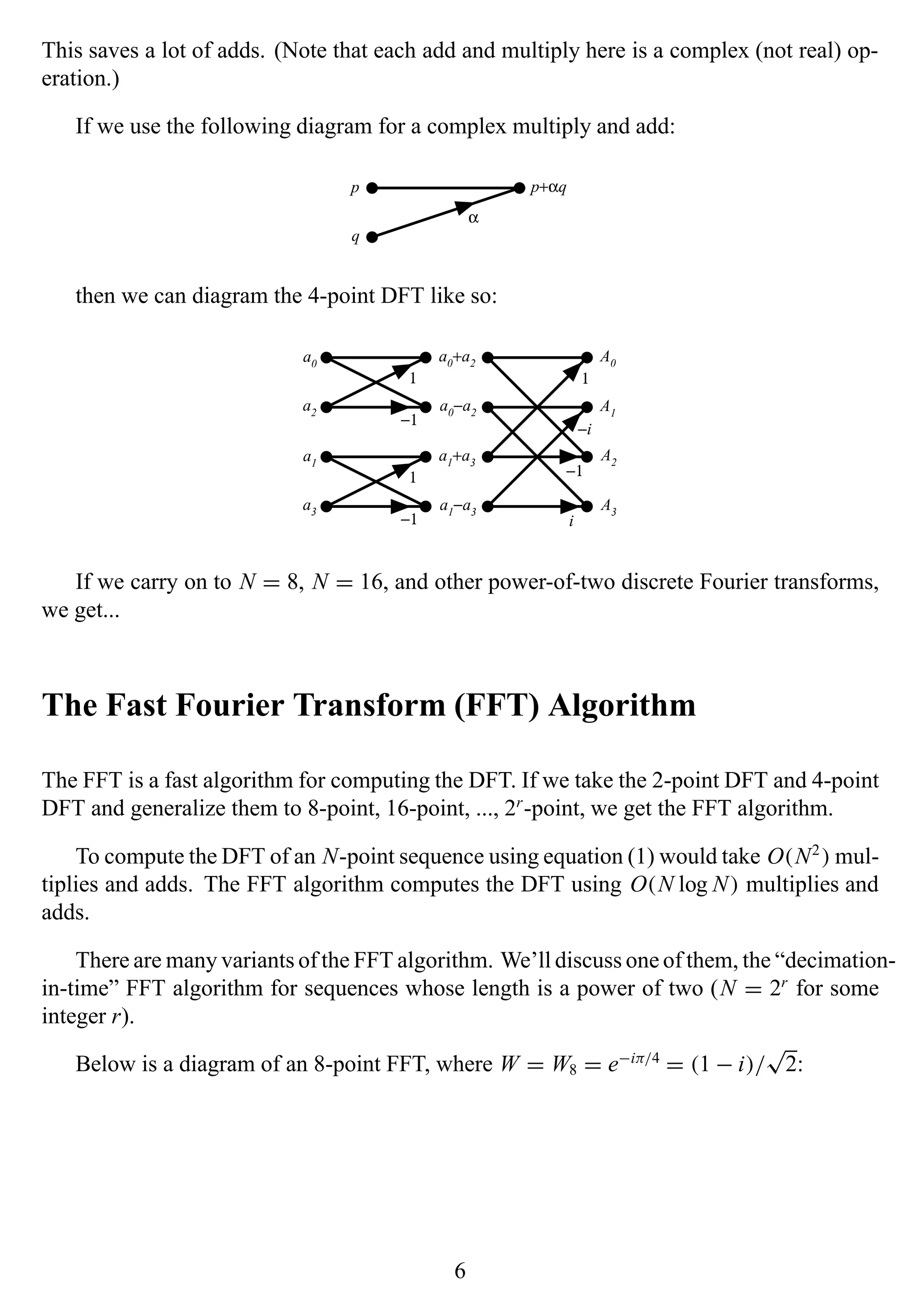 This saves a lot of adds. (Note that each add and multiply here is a complex (not real) op-
eration.)
If we use the following diagram for a complex multiply and add:
p
q
α
p+αq
then we can diagram the 4-point DFT like so:
a0
1
a0+a2
a2
−1
a0−a2
a1
1
a1
+a3
a3
−1
a1
−a3
1
A0
−1
A2
−i
A1
i
A3
If we carry on to N = 8, N = 16, and other power-of-two discrete Fourier transforms,
we get...
The Fast Fourier Transform (FFT) Algorithm
The FFT is a fast algorithm for computing the DFT. If we take the 2-point DFT and 4-point
DFT and generalize them to 8-point, 16-point, ..., 2r
-point, we get the FFT algorithm.
To compute the DFT of an N-point sequence using equation (1) would take O(N2
) mul-
tiplies and adds. The FFT algorithm computes the DFT using O(N log N) multiplies and
adds.
There are many variants of the FFT algorithm. We’ll discuss one of them, the “decimation-
in-time” FFT algorithm for sequences whose length is a power of two (N = 2r
for some
integer r).
Below is a diagram of an 8-point FFT, where W = W8 = e−iπ/4
= (1 − i)/
√
2:
6
 