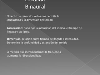 Escucha
              Binaural
El hecho de tener dos oídos nos permite la
localización y la dimensión del sonido

Localización: dado por la intensidad del sonido, el tiempo de
llegada y las fases.

Dimensión: relación entre tiempo de llegada e intensidad.
Determina la profundidad y extensión del sonido


A medida que incrementamos la frecuencia
aumenta la direccionalidad
 