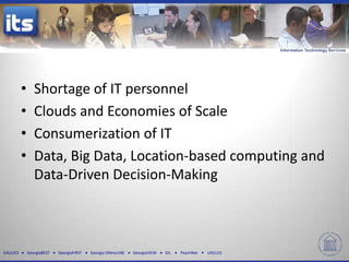 GALILEO GeorgiaBEST GeorgiaFIRST Georgia ONmyLINE GeorgiaVIEW GIL PeachNet USG123
• Shortage of IT personnel
• Clouds and Economies of Scale
• Consumerization of IT
• Data, Big Data, Location-based computing and
Data-Driven Decision-Making
 