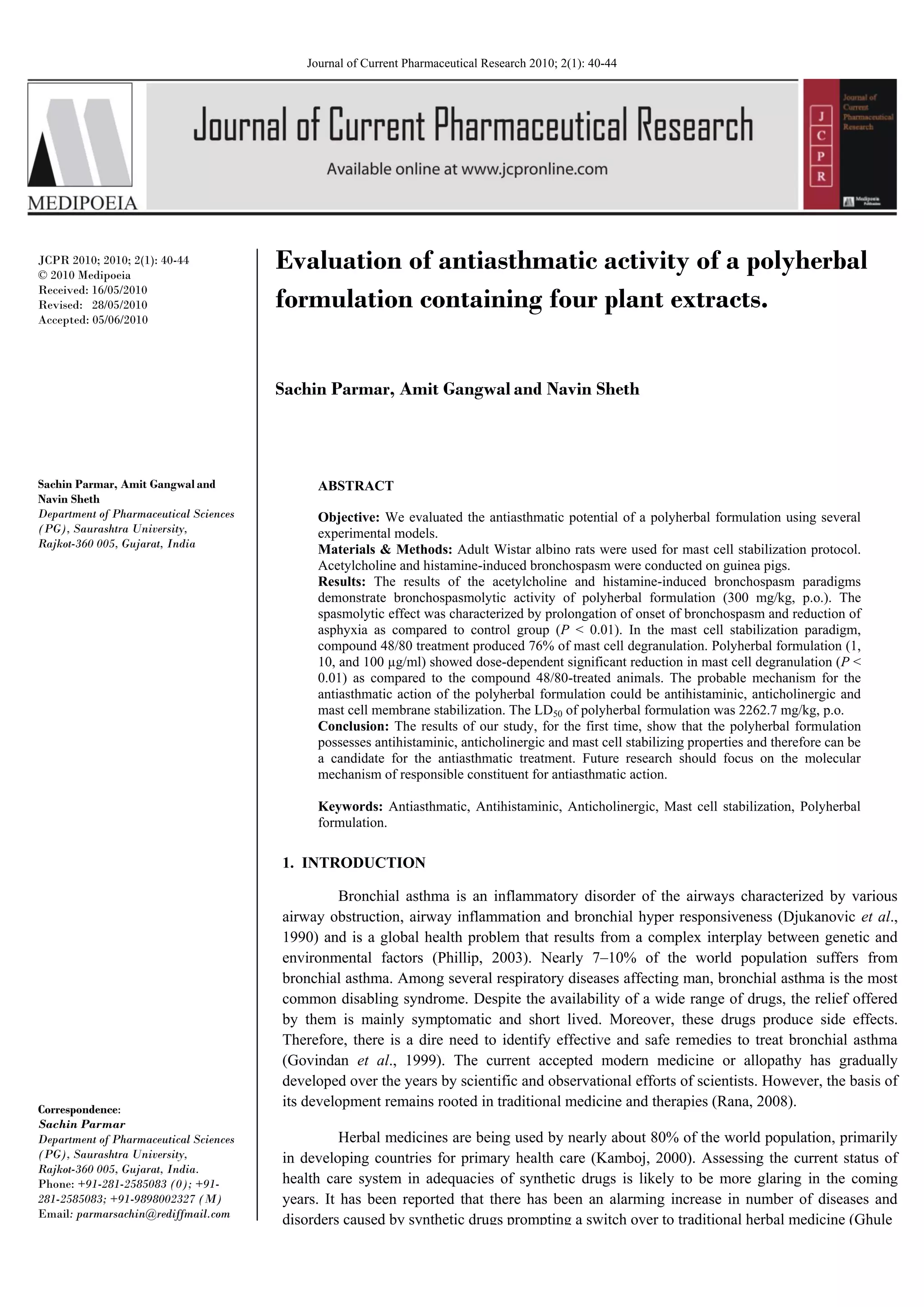 Evaluation of antiasthmatic activity of a polyherbal formulation ...