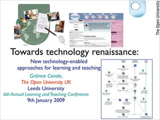 Towards technology renaissance:
            New technology-enabled                                                      Student
                                                                                         Tasks
                                                                                                                   Student
                                                                                                                  Resources
                                                                                                                                                    Tutor
                                                                                                                                                    Tasks




       approaches for learning and teaching                                    Each student selects three
                                                                                       countries


                                                                                                                                     Check resource ok



            Gráinne Conole,
                                                     LO – skills: how to                                                            for Level 1 students
                                                      collaborate with         Group nominate person to
                                                           others               eliminate multiple entries
                                                                               and agree dispute process




        The Open University UK
                                                                                                             Library key skills support
                                                                                                                   pack: internet


                                                         LO – skills:            Find and retrieve data
                                                      searching of data        about these three countries




           Leeds University
                                                       and assessing
                                                       quality of data                                               Internet



                                                                               Post research to group wiki                                   What method
                                                                                                                                             used to post?



6th Annual Learning and Teaching Conference   DONE: What if they                                                       Wiki                Written / audio etc.
                                               need more help?




            9th January 2009                         DONE: Could
                                                   nominated person
                                                   have greater role?
                                                                                              Rest of group
                                                                                           Check summary and
                                                                                             post comment
                                                                                                                      Forum
                                                                                                                                          What else could
                                                                                                                                          tutor be doing?




                                                                             Each student posts at least one
                                                                           comment on forum about experience
                                                                             of achieving learning outcomes



                                                                                Reflect on tutor feedback                                 Tutor reads comments and
                                                                                                                                           gives feedback to group
 