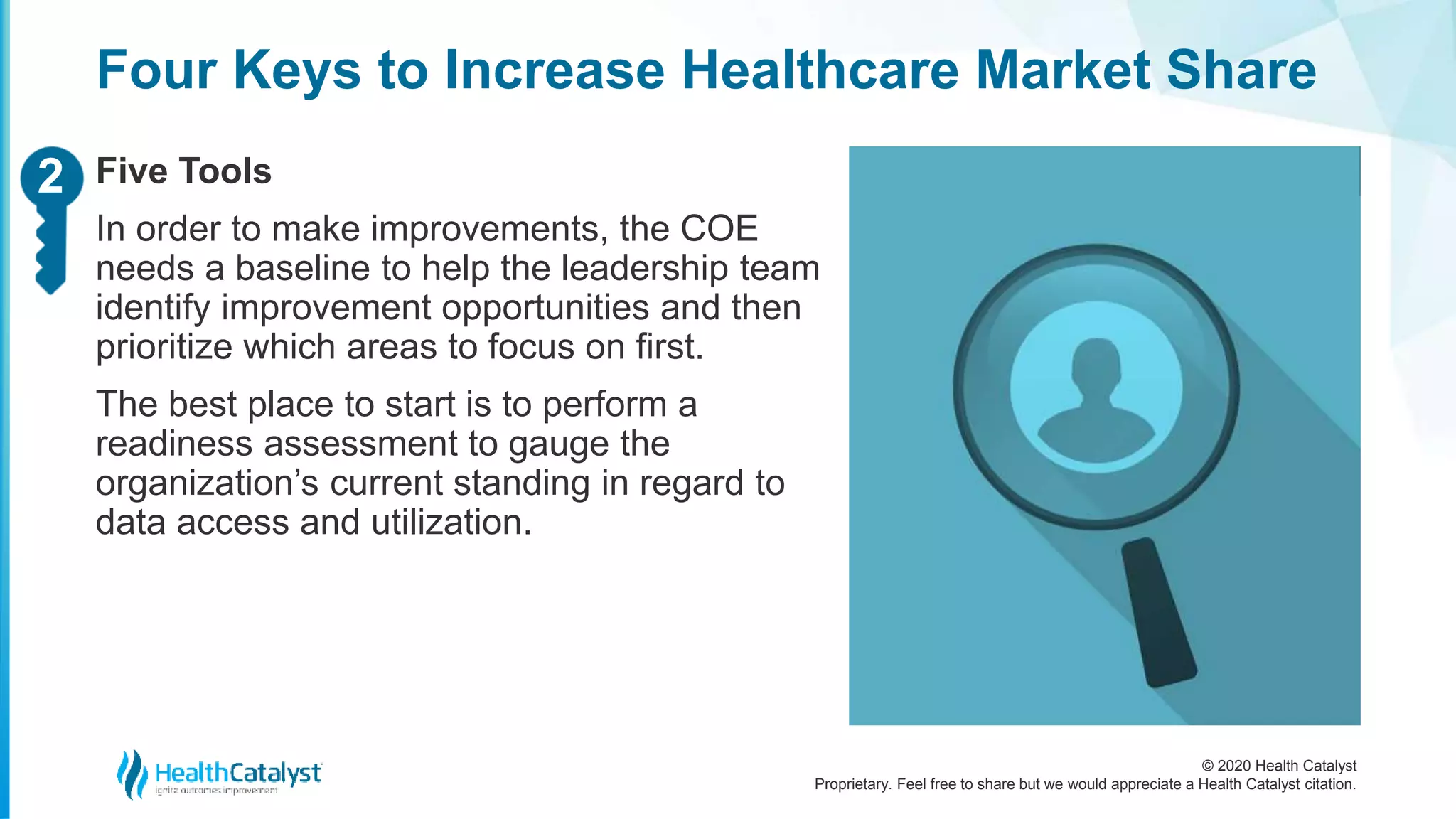 © 2020 Health Catalyst
Proprietary. Feel free to share but we would appreciate a Health Catalyst citation.
Four Keys to Increase Healthcare Market Share
Five Tools
In order to make improvements, the COE
needs a baseline to help the leadership team
identify improvement opportunities and then
prioritize which areas to focus on first.
The best place to start is to perform a
readiness assessment to gauge the
organization’s current standing in regard to
data access and utilization.
2
 