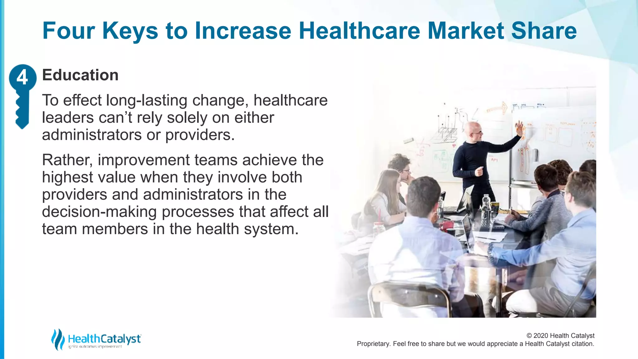 © 2020 Health Catalyst
Proprietary. Feel free to share but we would appreciate a Health Catalyst citation.
Four Keys to Increase Healthcare Market Share
Education
To effect long-lasting change, healthcare
leaders can’t rely solely on either
administrators or providers.
Rather, improvement teams achieve the
highest value when they involve both
providers and administrators in the
decision-making processes that affect all
team members in the health system.
24
 