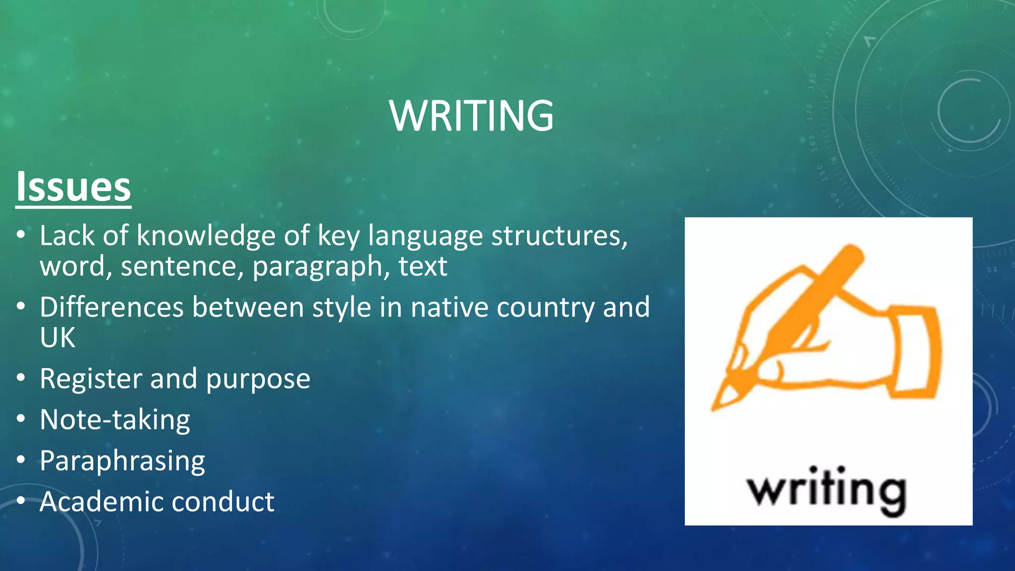 WRITING
Issues
• Lack of knowledge of key language structures,
word, sentence, paragraph, text
• Differences between style in native country and
UK
• Register and purpose
• Note-taking
• Paraphrasing
• Academic conduct
 