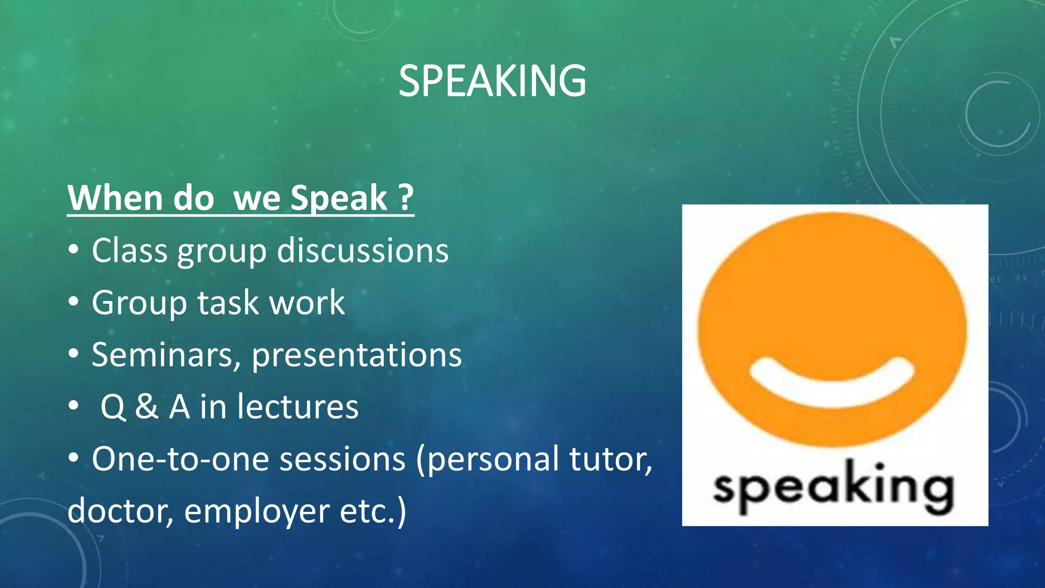 SPEAKING
When do we Speak ?
• Class group discussions
• Group task work
• Seminars, presentations
• Q & A in lectures
• One-to-one sessions (personal tutor,
doctor, employer etc.)
 