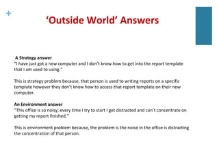 +
‘Outside World’ Answers
A Strategy answer
“I have just got a new computer and I don’t know how to get into the report te...