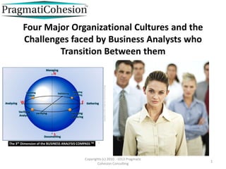 1
Copyrights (c) 2010 -1013 Pragmatic
Cohesion Consulting
Four Major Organizational Cultures and the
Challenges faced by Business Analysts who
Transition Between them
 