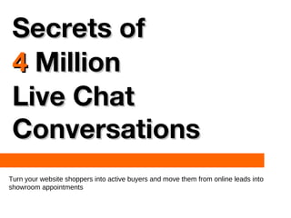 Secrets of
 4 Million
 Live Chat
 Conversations
Turn your website shoppers into active buyers and move them from online leads into
showroom appointments
 