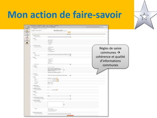 Mon action de faire-savoir
Règles de saisie
communes 
cohérence et qualité
d’informations
communes
 