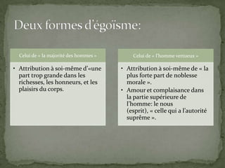« si la volonté de contracter une amitié est prompte, l’amitié  ne l’est pas ».« On se pose la question si on doit faire passer avant tout l’amour pour soi-même ou l’amour pour quelqu’un d’autre. »L’égoïsme.