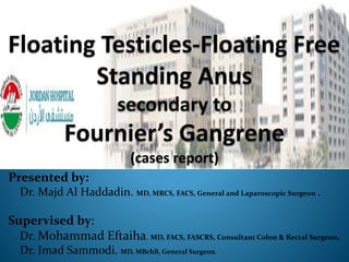 Presented by:
Dr. Majd Al Haddadin. MD, MRCS, FACS, General and Laparoscopic Surgeon .
Supervised by:
Dr. Mohammad Eftaiha. MD, FACS, FASCRS, Consultant Colon & Rectal Surgeon.
Dr. Imad Sammodi. MD, MBchB, General Surgeon.
 