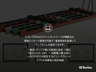 こうしてPDUのスマートネットワークが構築され、
簡単にリモート管理が可能で、電源負荷を監視して
アップタイムを確保できます。
電流（アンペア数）の監視と測定 電圧
電力（kVA、kW） 消費電力量（kWh）
ISOやIECが規定するビリンググレード
±1%の消費電力測定精度
 