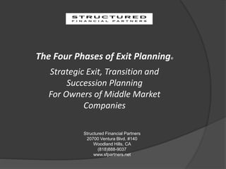 The Four Phases of Exit Planning©
Strategic Exit, Transition and
Succession Planning
For Owners of Middle Market
Companies
Structured Financial Partners
20700 Ventura Blvd. #140
Woodland Hills, CA
(818)888-9037
www.sfpartners.net
 