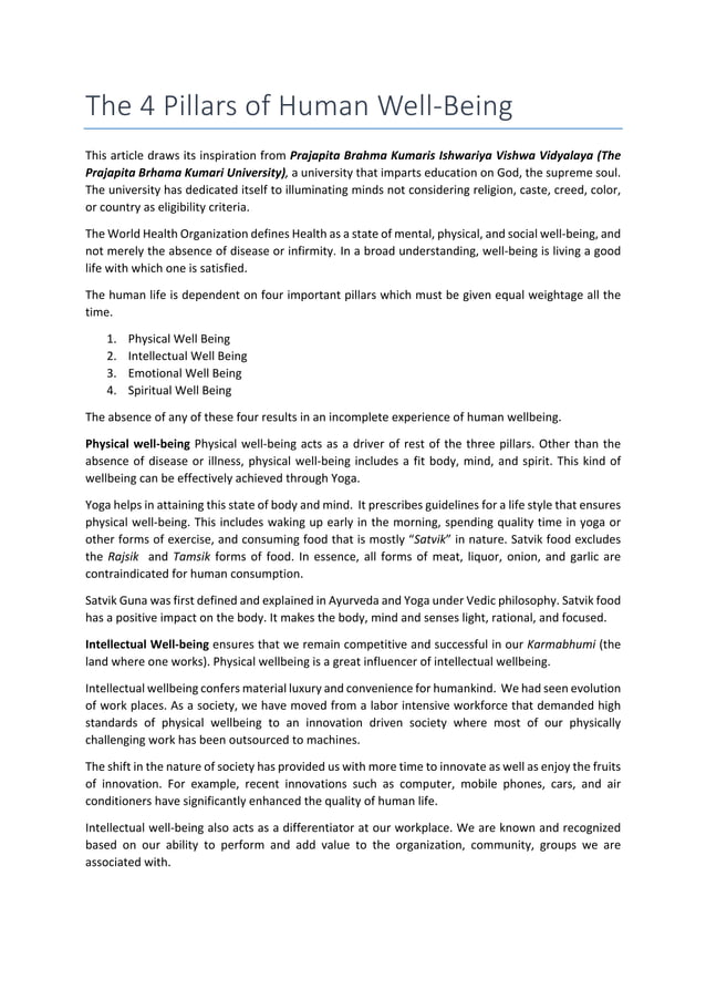 4 Pillars of WellBeing Physical, Intellectual, Emotional, Spiritual PDF