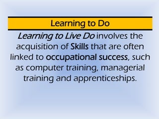Learning to Do
Learning to Live Do involves the
acquisition of Skills that are often
linked to occupational success, such
...