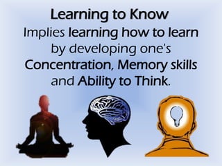 Learning to Know
Implies learning how to learn
by developing one's
Concentration, Memory skills
and Ability to Think.

 