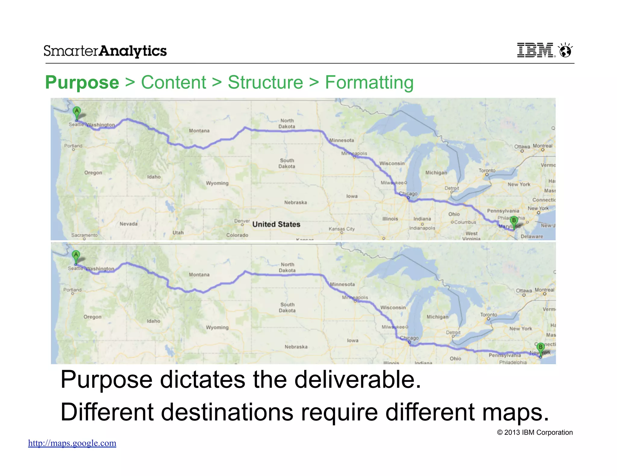 Purpose > Content > Structure > Formatting

Purpose dictates the deliverable.
Different destinations require different maps.
© 2013 IBM Corporation

http://maps.google.com

 