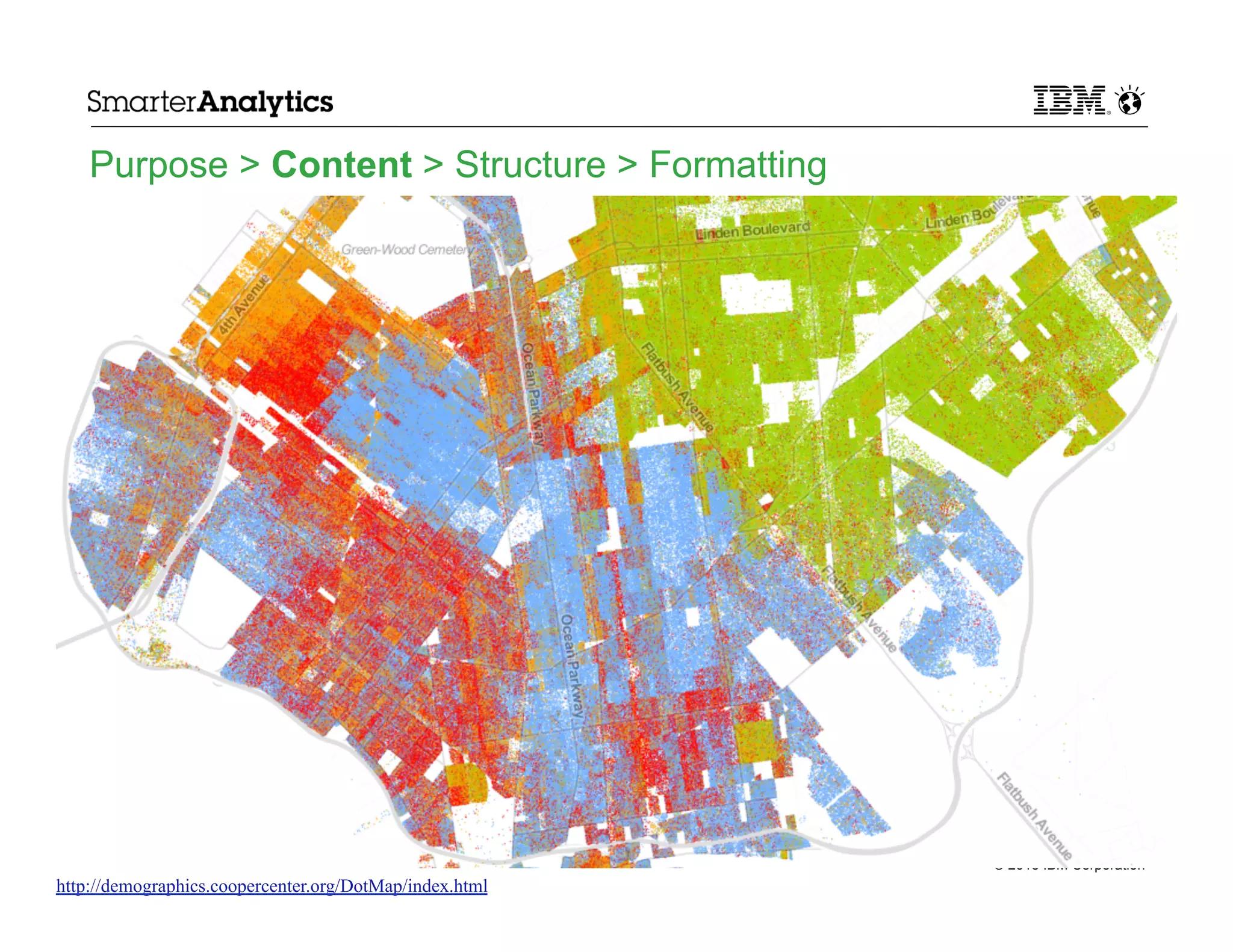 Purpose > Content > Structure > Formatting

© 2013 IBM Corporation

http://demographics.coopercenter.org/DotMap/index.html

 