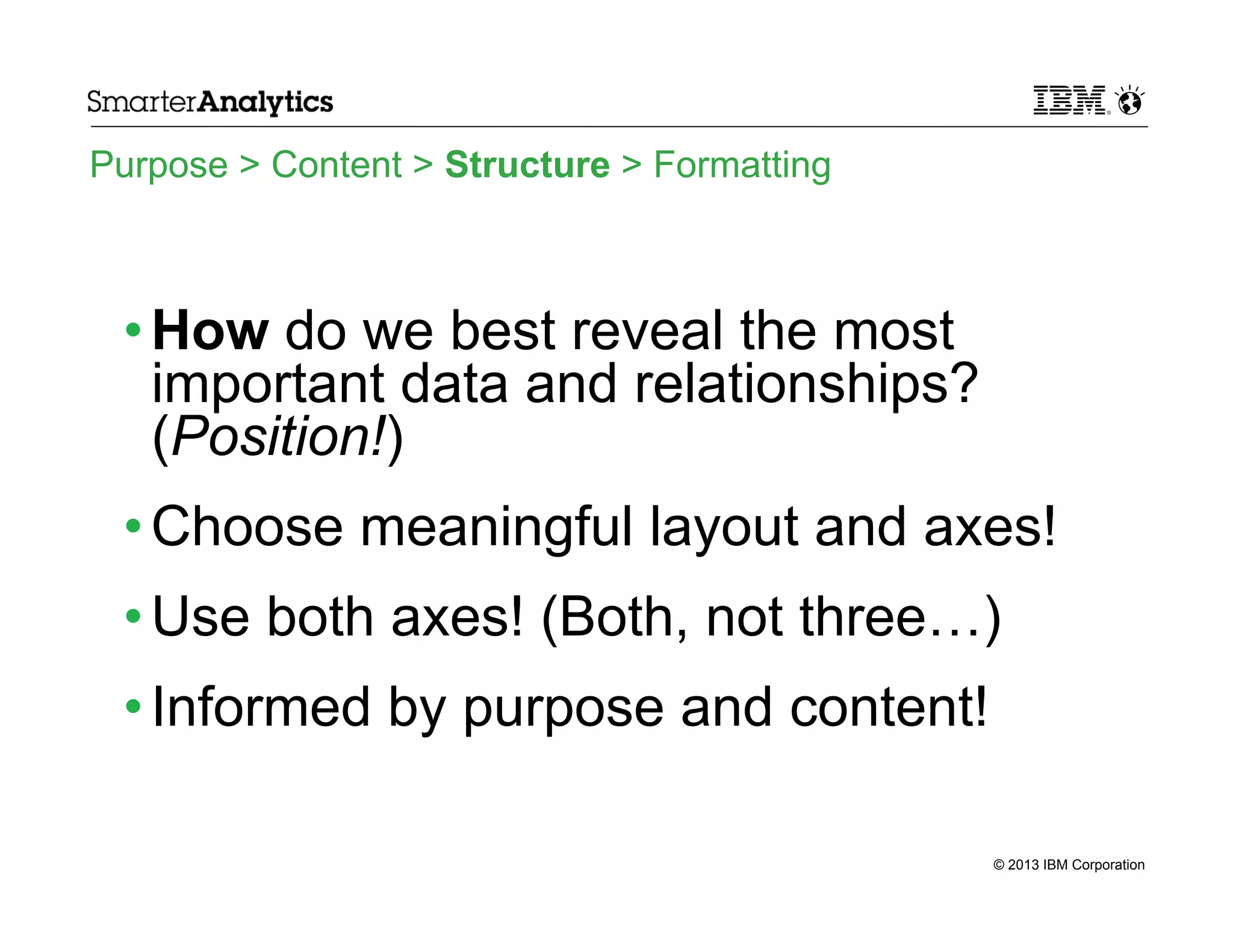 Purpose > Content > Structure > Formatting

• How do we best reveal the most
important data and relationships?
(Position!)
• Choose meaningful layout and axes!
• Use both axes! (Both, not three…)
• Informed by purpose and content!
© 2013 IBM Corporation

 