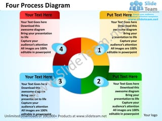 Four Process Diagram
       Your Text Here                 Put Text Here
    Your Text Goes here                  Your Text Goes here
    Download this                              Download this
    awesome diagram                        awesome diagram
    Bring your presentation                        Bring your
    to life                               presentation to life
    Capture your                                Capture your
    audience’s attention                audience’s attention
    All images are 100%
    editable in powerpoint
                              4   1      All images are 100%
                                      editable in powerpoint




       Your Text Here                     Put Text Here
    Your Text Goes here           2       Your Text Goes here
    Download this                               Download this
    awesome diagram                         awesome diagram
    Bring your                                      Bring your
    presentation to life                   presentation to life
    Capture your                                 Capture your
    audience’s attention                 audience’s attention
    All images are 100%                   All images are 100%
    editable in powerpoint             editable in powerpoint     Your logo
 