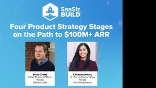 Four Product Strategy Stages
on the Path to $100M+ ARR
Do not place text, or graphics
in any of the red space
Your faces will be
here
Logo Overlays will
be here
DO NOT DELETE
SaaStr Team will delete these
guides in review.
Brian Crofts
Chief Product Oﬃcer
Pendo
@briancrofts
Christine Itwaru
Sr. Dir. of Product Ops
Pendo
@christineitwaru
 