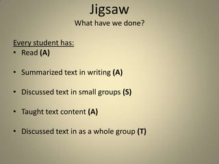 Jigsaw
                     What have we done?

Every student has:
• Read (A)

• Summarized text in writing (A)

• Discussed text in small groups (S)

• Taught text content (A)

• Discussed text in as a whole group (T)
 