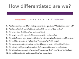1. We have a unique and differentiating answer to the question, “What business are we in?”
2. We have effectively identified the areas in which our firm is “best in class.”
3. We have a clear definition of our best, ideal client.
4. We target a specific segment of the market, not the entire market.
5. We try to focus on what we do best instead of attempting to offer every possible service.
6. We avoid the promises of “full service,” “complete,” or “wide range.”
7. We are as concerned with making our firm different as we are with making it better.
8. We actively avoid working in areas that don’t represent the core of our business.
9. We believe in the strategic advantages of “narrow and deep” over “broad and shallow.”
10. We avoid imitating the business models of our competitors.
How differentiated are we?
Strongly Disagree 1 2 3 4 5 6 7 8 9 10 Strongly Agree
 