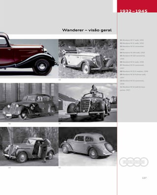Wanderer – visão geral
01 Wanderer W 17 sedã, 1932
02 Wanderer W 21 sedã, 1933
03 Wanderer W 22 conversível,
1934
04 Wanderer W 240 sedã, 1935
05 Wanderer W 250 conversível,
1935
06 Wanderer W 51 sedã, 1936
07 Wanderer W 52 conversível,
1937
08 Wanderer W 25 K roadster, 1936
09 Wanderer W 26 Pullman sedã,
1937
10 Wanderer W 23 conversível,
1939
11 Wanderer W 24 sedã de duas
portas, 1937
 