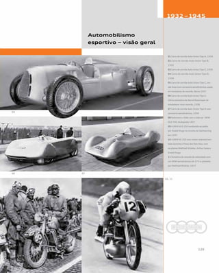 Automobilismo
esportivo – visão geral
01 Carro de corrida Auto Union Tipo A, 1934
02 Carro de corrida Auto Union Tipo B,
1935
03 Carro de corrida Auto Union Tipo C, 1936
04 Carro de corrida Auto Union Tipo D,
1938
05 Carro de corrida Auto Union Tipo C, ver-
são Avus com carroceria aerodinâmica usada
em tentativas de recorde, Berna 1937
06 Carro de corrida Auto Union Tipo C;
última tentativa de Bernd Rosemeyer de
estabelecer novo recorde, 1938
07 Carro de corrida Auto Union Tipo D com
carroceria aerodinâmica, 1938
08 Kahrmann e Eder com o side-car DKW
ULD 700, Budapeste 1937
09 A DKW ULD 250 conduzida ao pódio
por Ewald Kluge no circuito de Sachsenring
em 1937
10 A DKW SS 250 com motor sobrealimen-
tado durante a Prova dos Seis Dias, com
os pilotos Walfried Winkler, Arthur Geiss e
Ewald Kluge
11 Tentativa de recorde de velocidade com
um DKW aerodinâmico de 175 cc pilotado
por Walfried Winkler, 1937
 