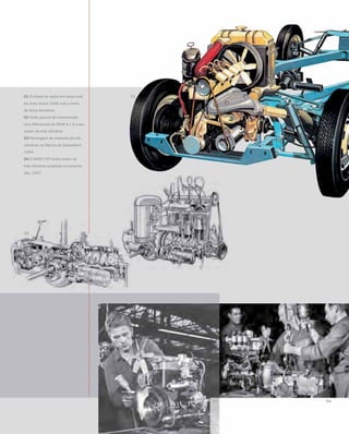 01 O chassi de seção em caixa oval
do Auto Union 1000 com o trem
de força dianteiro,
02 Visão parcial da transmissão
com diferencial do DKW 3 = 6 e seu
motor de três cilindros
03 Montagem de motores de três
cilindros na fábrica de Düsseldorf,
1954
04 O DKW F 93 tinha motor de
três cilindros acoplado à transmis-
são, 1957
 