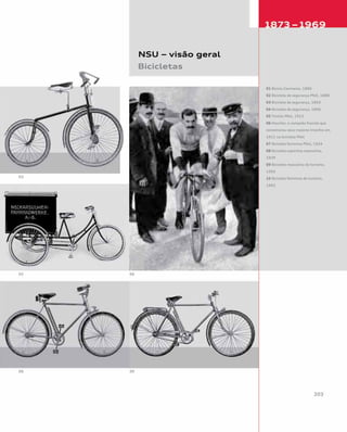01 Biciclo Germania, 1886
02 Bicicleta de segurança Pfeil, 1888
03 Bicicleta de segurança, 1893
04 Bicicleta de segurança, 1896
05 Triciclo Pfeil, 1912
06 Hourlier, o campeão francês que
comemorou seus maiores triunfos em
1911 na bicicleta Pfeil
07 Bicicleta feminina Pfeil, 1924
08 Bicicleta esportiva masculina,
1939
09 Bicicleta masculina de turismo,
1956
10 Bicicleta feminina de turismo,
1962
NSU – visão geral
Bicicletas
 